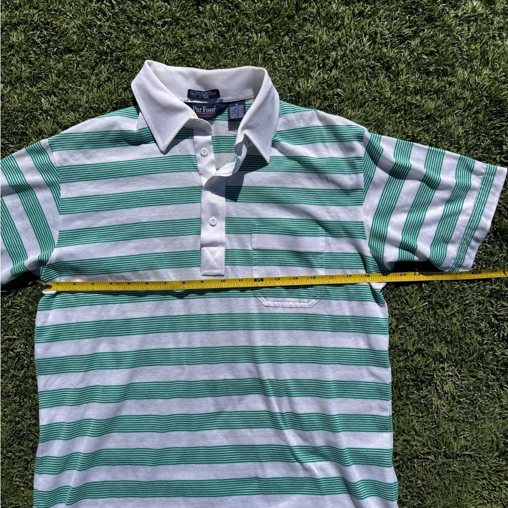 Vintage Men’s Green and White Striped Polo Shirt - Picture 3 of 4